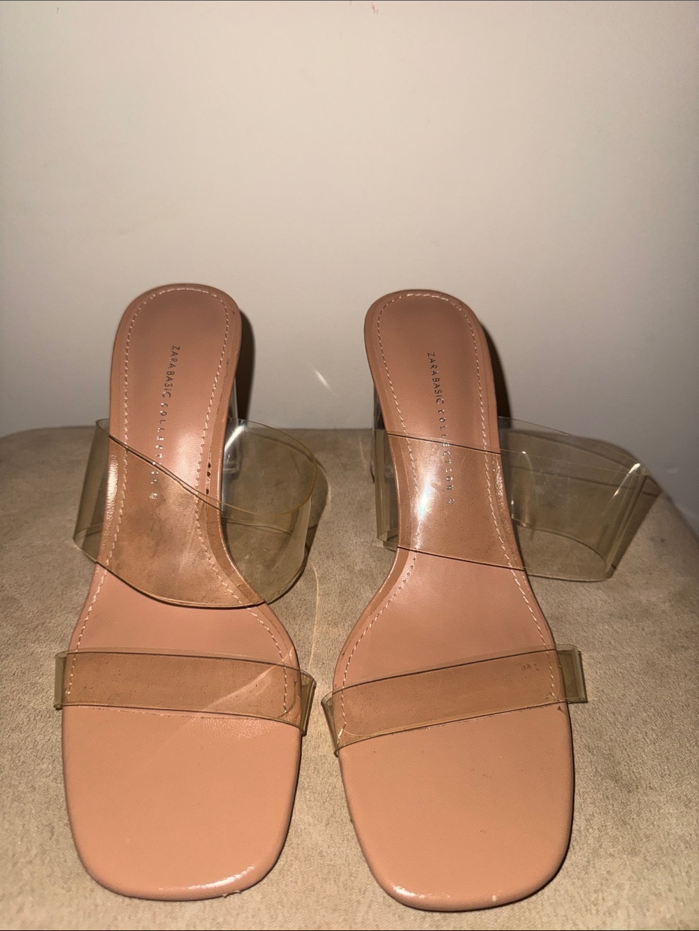 Zara Nude Block Heel Mules with Clear Straps